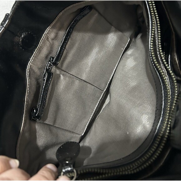 Elliott Lucca Black Patent Leather Classy Pleated Hobo Bag Shoulder Satchel - Picture 5 of 6